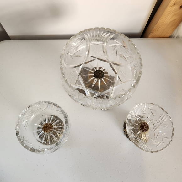 Vintage Mid Century Crystal Brass Pedestal Compote Bowl Lot Of 3 Glass Ornate - Picture 5 of 13